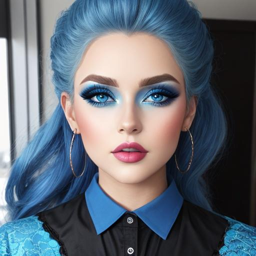 Prompt: A woman all in blue, blue eyes, pretty makeup