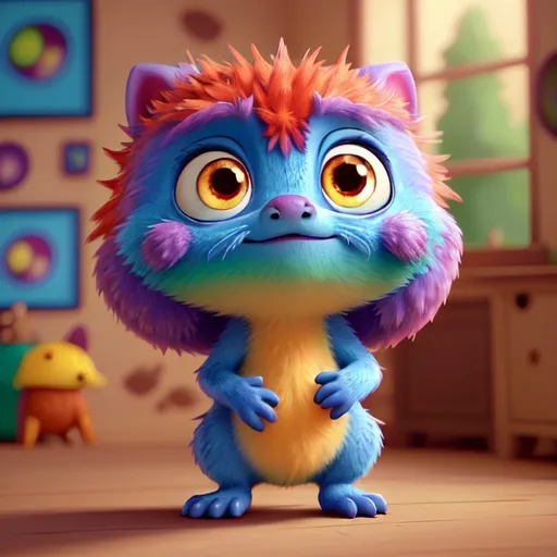 Prompt: Cartoon illustration of a small creature, vibrant colors, warm atmosphere, big expressive eyes, high quality, vibrant colors, cute cartoon, detailed fur, playful, whimsical, warm lighting