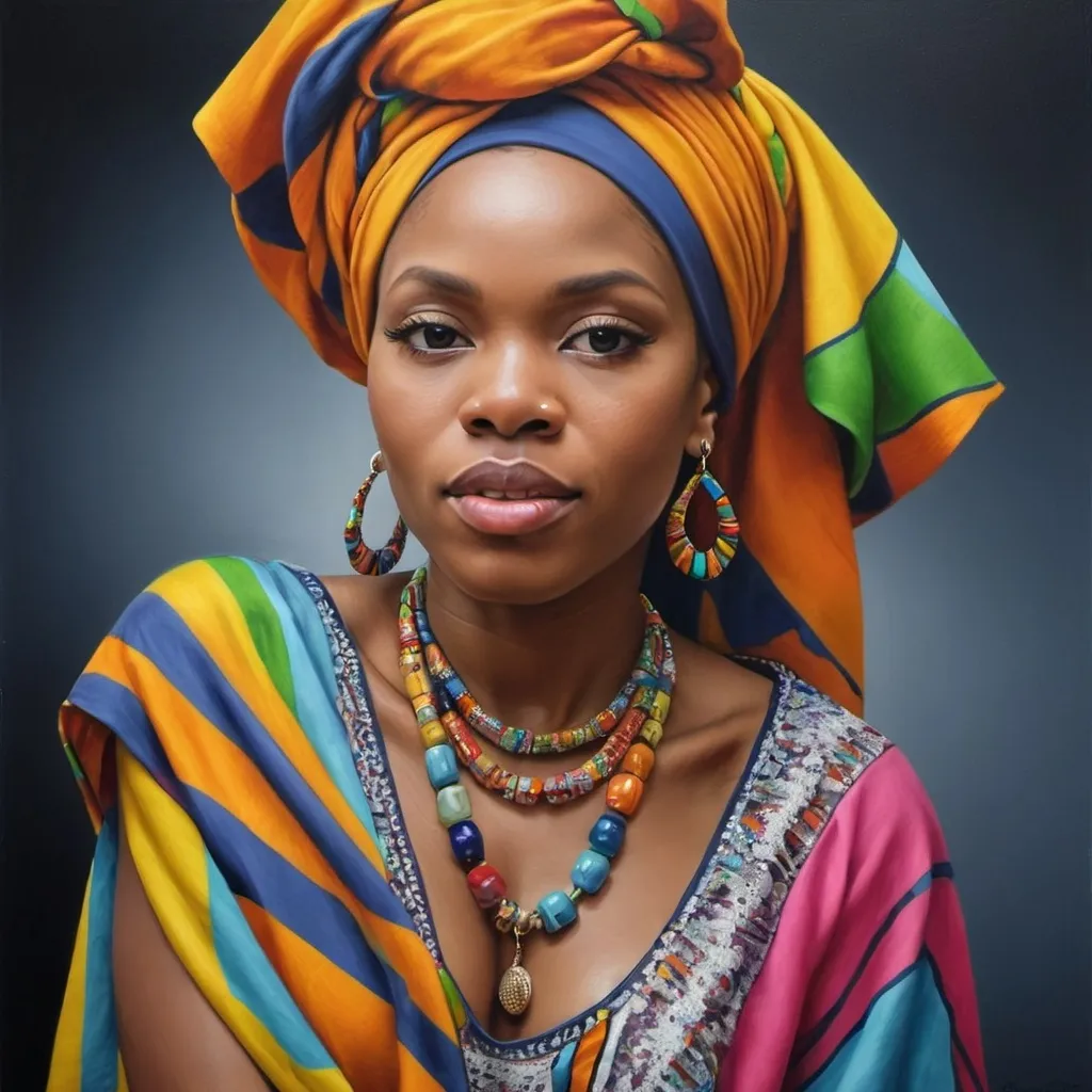 Prompt: a woman with a colorful head wrap and earrings on her head, wearing a colorful dress and a necklace, Chinwe Chukwuogo-Roy, photorealism, highly detailed digital painting, a photorealistic painting