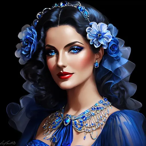 Prompt: Glamorously dressed lady of rhe 1930's wearing sapphire jewelry,blue eyes