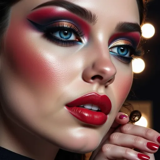 Prompt: (Mesauda full face makeup), vibrant colors, (flawless skin), artistic application, bold eye makeup, captivating lips, glamorous lighting, beauty arrangement, (high-definition), detailed textures, luxurious aesthetics, contemporary look, beauty theme, dynamic composition, expressive showcase, photography style for makeup display.