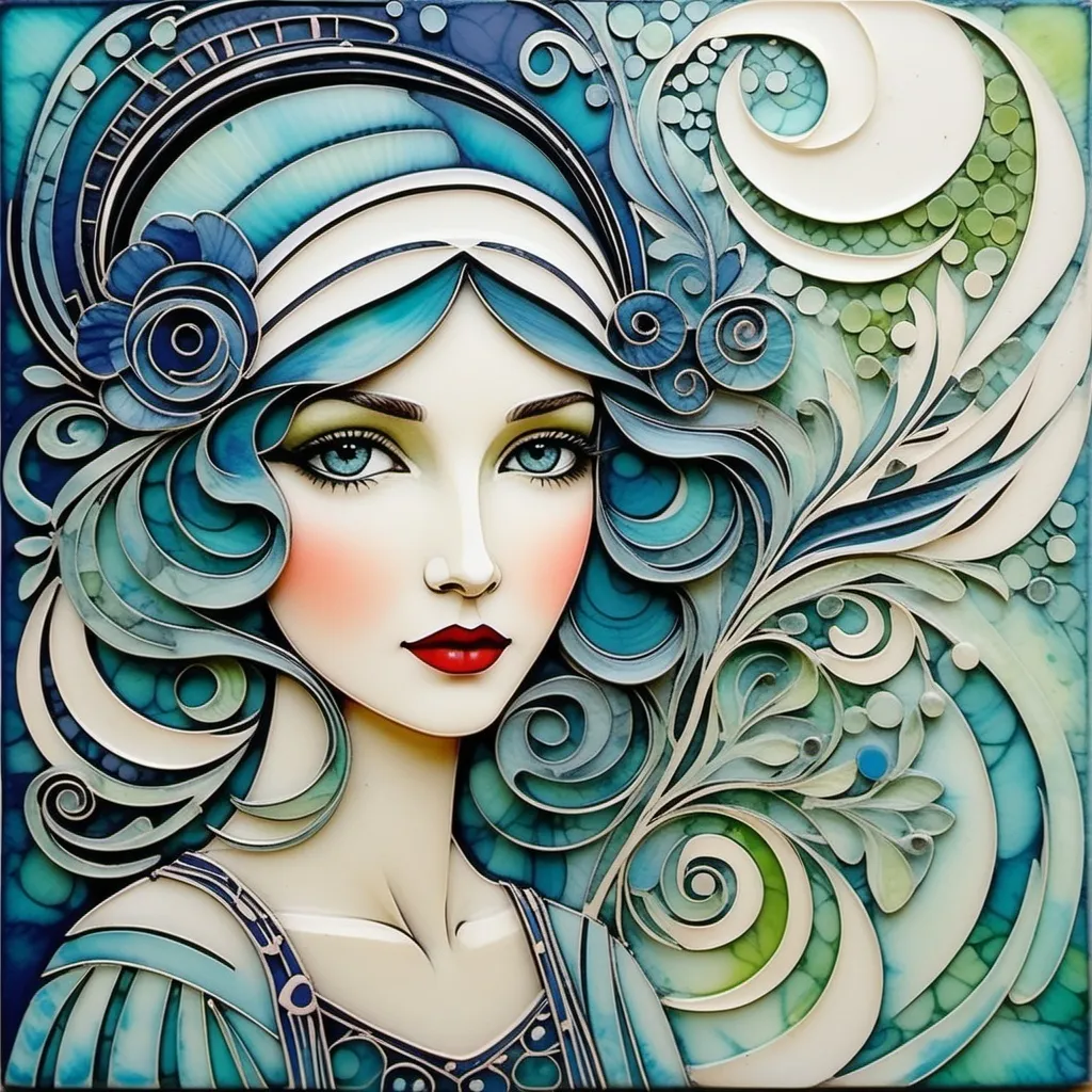 Prompt: Abstract encaustic texture, gradient inking colors, Jessica Galbreth, Irmgard Schoendorf Welch, Javier Mariscal, Charles Rennie Mackintosh, Lee Mullican style, a beautiful whimsical young woman, wonderland, decoupage.