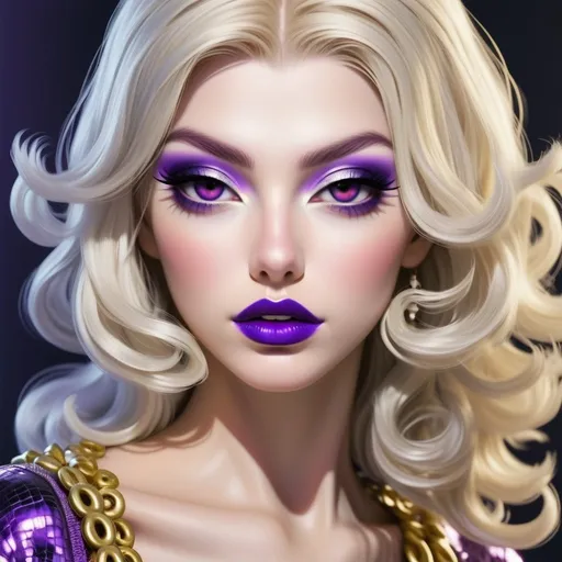 Prompt: Hypnotic bimbo  platinum  blonde   gold lips and purple eyeshadow <mymodel>