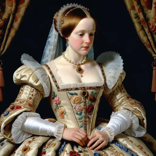 Prompt: Tudor era princess in a elaborate dress embroidering