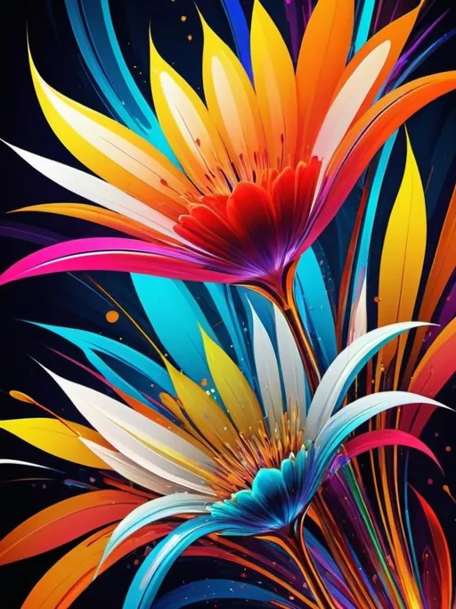 Prompt: Vibrant abstract digital artwork of flowers, dazzling colors, dynamic composition, high energy, modern digital art, vibrant, abstract, digital, high energy, dynamic composition, best quality, colorful, vivid tones, professional lighting