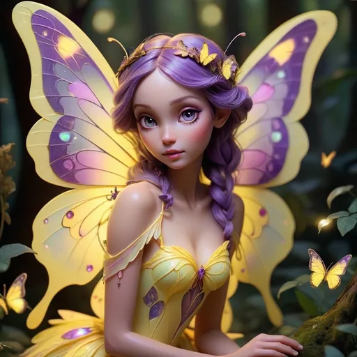 Prompt: yellow and purple butterfly fairy, detailed wings with iridescent patterns, enchanted forest setting, magical aura, high quality, ethereal fantasy style, pastel tones, soft and luminous lighting