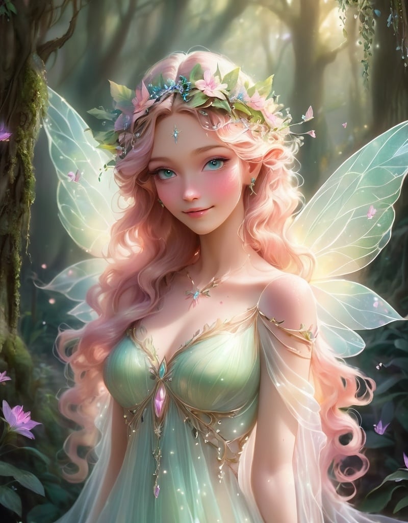 Prompt: Fairy goddess, ethereal and mystical, magical forest setting, flowing gown with shimmering details, intricate floral crown, radiant and glowing, soft pastel color palette, dreamy and whimsical, fantasy, high quality, ethereal style, soft lighting, detailed wings, enchanted atmosphere, facial closeup