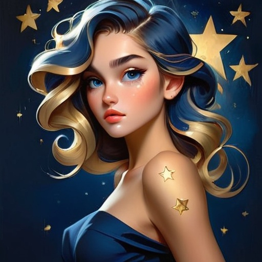 Prompt: <mymodel>a beautiful girl on a dark blue background with gold stars in her hair, shimmer, glow, stars, wavy hair, euphoria makeup, highly detailed girl by artgerm and Edouard Bisson, highly detailed oil painting, portrait of a beautiful person, art by Stanley Artgerm, Charlie Bowater, Atey Ghailan and Mike Mignola,