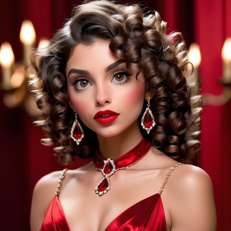 Prompt: <mymodel>woman with curly hair, red lips,  Red dress, wearing ruby jewelry, facial closeup
