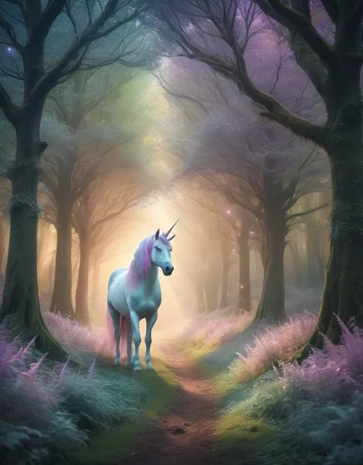 Prompt: Majestic unicorn in a mystical forest, ethereal and magical, detailed mane and tail with iridescent hues, vibrant and dreamy atmosphere, fantasy, mythical creature, ethereal lighting, pastel tones, high quality, detailed, fantasy, ethereal, vibrant, mystical forest, horn, detailed mane, iridescent, dreamy atmosphere, pastel tones, magical, atmosphere lighting