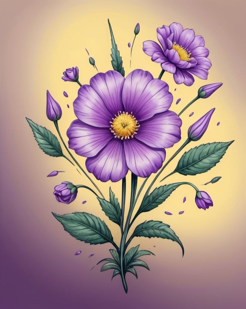 Prompt: Large beautiful purple flower, hyperrealistic, facing front with smaller flowers surrounding, 2d, clipart. illustration done in pen, on a creamy yellow background