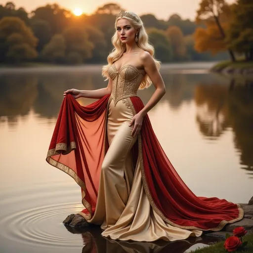 Prompt: Bathed in the golden hues of sunset, a regal figure stands poised by the tranquil waters of a serene lake, her elaborate gown shimmering with rich red and gold tones that evoke a sense of royalty and grandeur. With flowing blonde hair cascading over her shoulders and a delicate crown adorning her head, she exudes confidence and beauty, a striking contrast to the lush greenery and blooming red flowers at her feet. The intricate design of her attire, marked by elegant patterns, highlights a strong yet graceful silhouette, drawing the viewer’s attention to both her commanding presence and the soft ripples of water mirroring her figure. As the sun sinks behind the distant trees, the overall atmosphere combines a sense of magic and serenity, crafting a narrative of power within a picturesque natural setting.