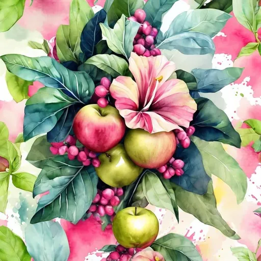 Prompt: CARIBBEAN FLOWERS PLANTS APPLES TREES MOJITO COCKTAIL GREEN TAILED WATERCOLOR BACKGROUNG