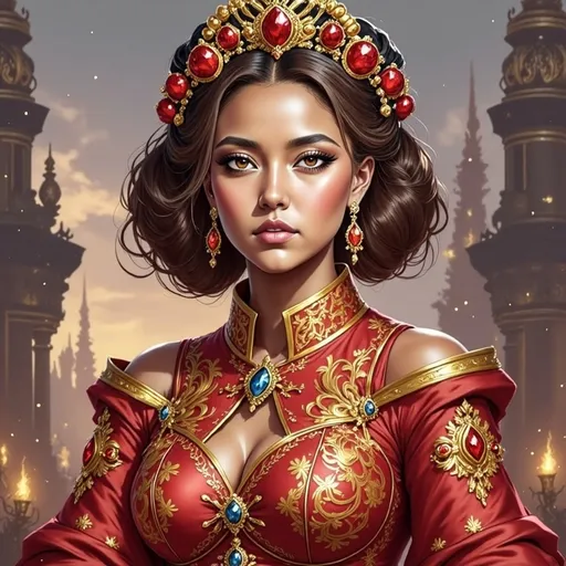 Prompt: <mymodel> a woman in a red dress with gold trimmings and a tiara on her head and shoulders, Chen Hong, fantasy art, highly detailed digital painting, a detailed painting