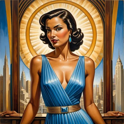 Prompt: a painting of a woman with dark hair and a blue dress , Ernie Barnes, art deco, modern art deco, an art deco painting