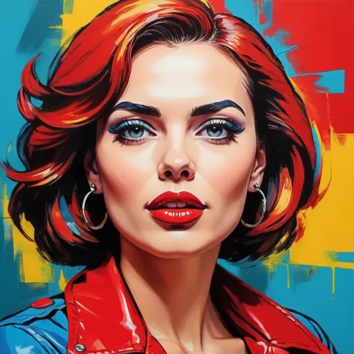 Prompt: <mymodel> Vibrant pop art portrait of a confident woman, acrylic painting, bold and bright colors, dynamic brush strokes, retro comic book style, high contrast, expressive facial features, striking red lips, lively and energetic, 4k resolution, pop art, acrylic painting, vibrant colors, dynamic brush strokes, retro style, expressive face, high contrast, energetic, bold design, professional lighting