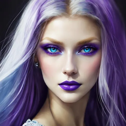 Prompt: <mymodel>Beautiful ethereal woman, long blonde hair,and icy blue eyes color, purple lipstick, facial closeup