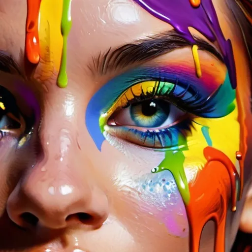 Prompt: Facial closeup of a female face, rainbow paint dripping, vibrant colors, high-definition, detailed, digital painting, close-up, colorful, expressive, rainbow paint drips, intense gaze, professional, vibrant, artistic, surreal, vivid colors, detailed facial features, digital art, high quality