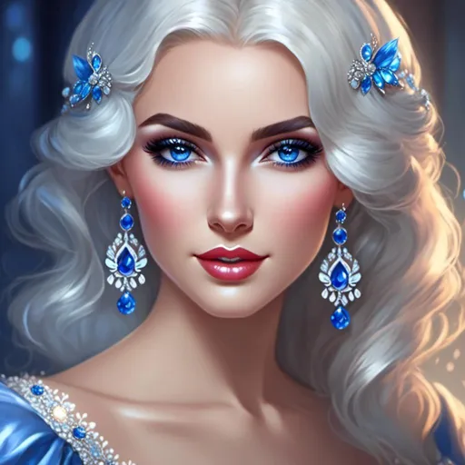 Prompt: <mymodel>A beautiful woman, snow white hair with pastel highlights, frosty blue eyes, blue eyeshadow, blue jewels on forehead