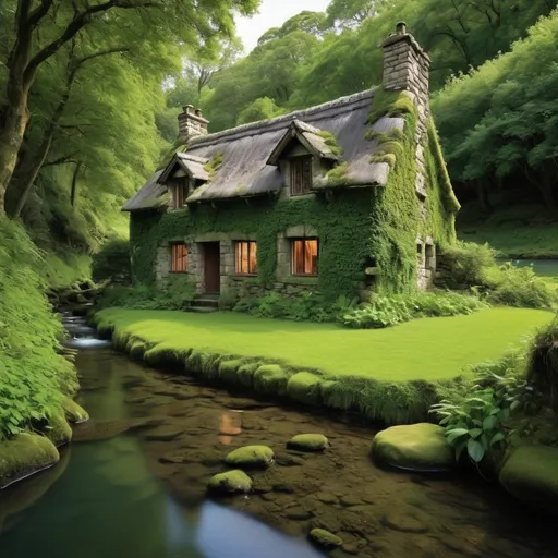 Prompt:  a majestic ancient stone cottage moss-covered , lush greenery, serene river flowing underneath