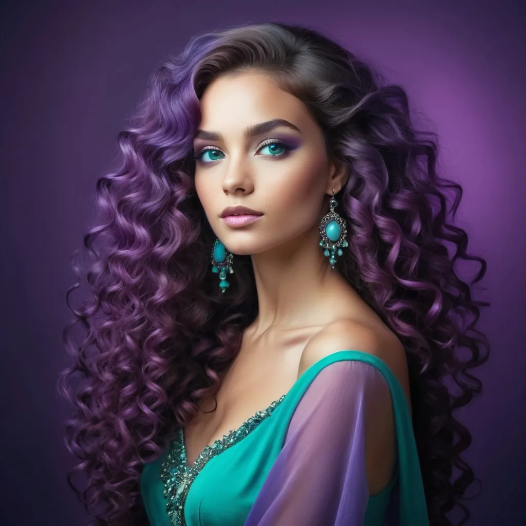 Prompt: An extremely gorgeous woman,  with turquoise jewels, in color scheme of purple, long curly hair