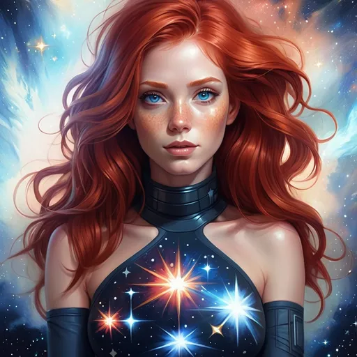 Prompt: a painting of a woman with red hair and blue eyes and a space theme on her body, with stars in the background, Artgerm, space art, highly detailed digital painting, a digital painting