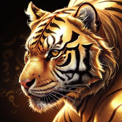 Prompt: Detailed close-up of a golden tiger, shimmering fur with intricate patterns, majestic stance, luxurious and regal, 4k, ultra-detailed, realistic, rich color tones, golden lighting, detailed eyes, majestic, opulent, animal portrait, wildlife art, intense gaze, golden fur details