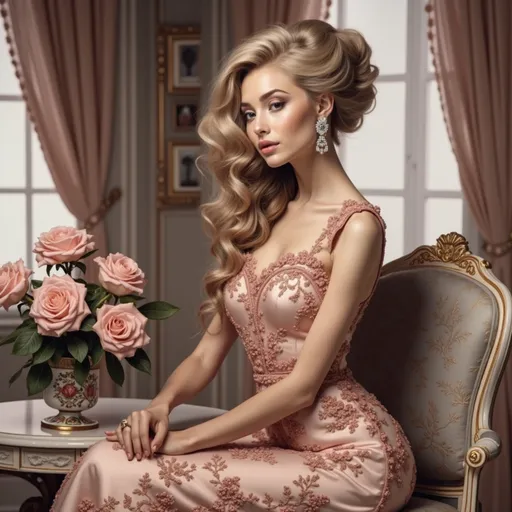 Prompt: Elegantly poised in a lavishly adorned room, a young woman captivates with her serene expression and cascading, voluminous hair, styled in soft waves. She wears a beautifully detailed pink gown adorned with intricate patterns, which complements the delicate blush hues of the roses in a porcelain vase beside her. The setting is bathed in soft, natural light filtering through the large window, illuminating her graceful features and casting gentle shadows that enhance the opulence of the decor. The intricate design of the elegant chair she sits upon echoes the lavish elegance of the scene, creating a refined atmosphere that exudes sophistication and calm allure. Overall, the image conveys a sense of timeless grace and beauty, as the woman seems lost in thought, inviting viewers into her moment of quiet reflection.