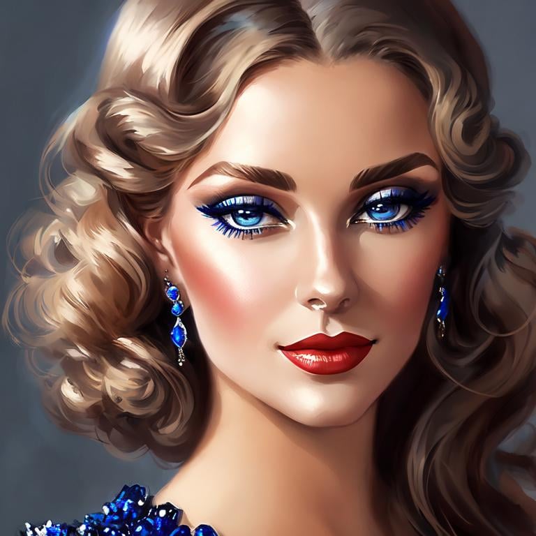 Prompt: Glamorously dressed lady of rhe 1930's wearing sapphire jewelry,blue eyes