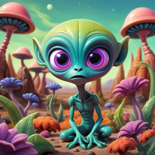 Prompt: Whimsical, cute alien, cartoon style, vibrant colors, large expressive eyes, playful demeanor, alien landscape, otherworldly plants, best quality, high resolution, vibrant, cartoon, cute, whimsical, otherworldly, playful, expressive eyes, alien landscape, vibrant colors, professional