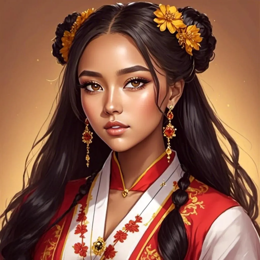 Prompt: <mymodel>A beautiful mixed Korean and African raced young woman with long black hair and dark skin with large brown eyes  dressed in traditional Korean clothing 