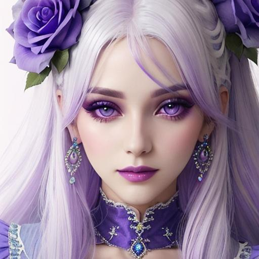 Prompt: A beautiful woman, white hair with pastel purple highlights, violet eyes, blue eyeshadow, pastel blue roses in her hair, blue jewels on forehead