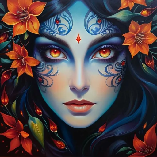 Prompt: Beautiful  hybrid woman with flowers sprouting from her, oil painting, detailed fiery eyes, ethereal glow, dark and mysterious, high quality, vibrant colors, surreal, haunting, intricate floral details, intense gaze, mystical atmosphere, oil painting, demon, hybrid, fiery eyes, ethereal, vibrant colors, surreal, haunting, floral details, intense gaze, mystical atmosphere