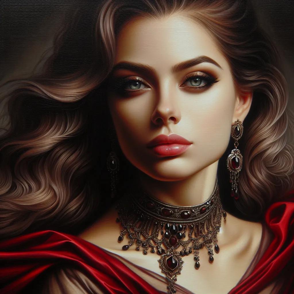 Prompt: Realistic oil painting of a powerful and elegant woman, flowing red gown, intricate jewelry, captivating gaze, detailed facial features, high quality, realistic, oil painting, elegant, flowing gown, powerful, captivating gaze, detailed facial features, intricate jewelry, professional lighting