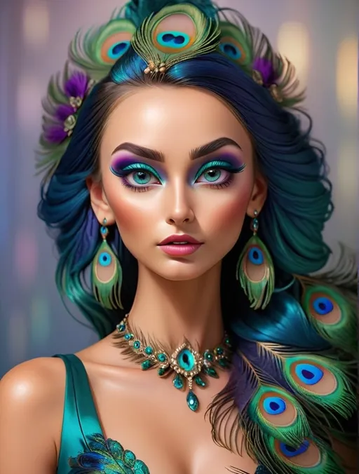 Prompt: Gorgeous woman with beautiful makeup and hair, peacock feathers, high-quality, detailed, realistic, elegant, vibrant colors, professional makeup, glamorous lighting, 4k resolution, portrait, detailed facial features, luxurious, exotic, peacock feathers, elegant hairstyle, stunning makeup, beauty shot