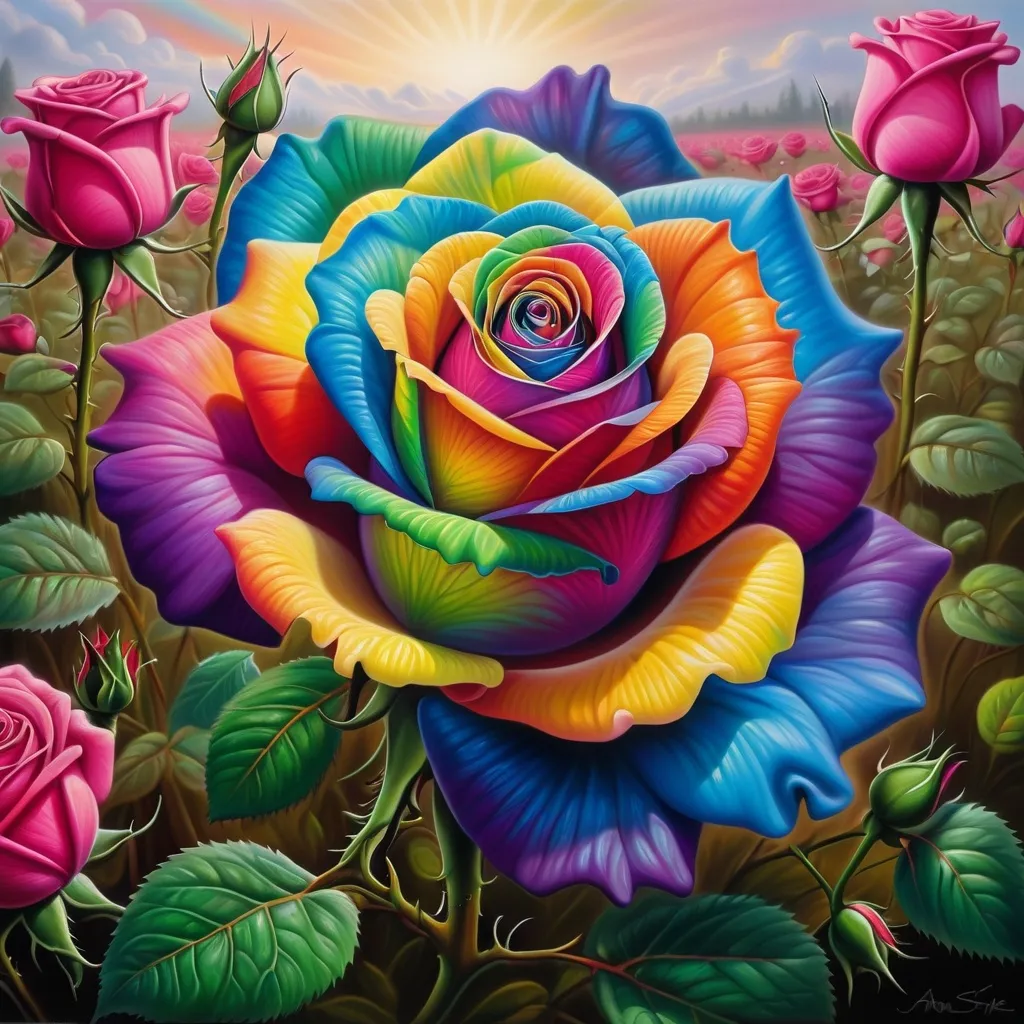 Prompt: a painting of a rainbow colored rose in a field of flowers .Anne Stokes, psychedelic art, highly detailed oil painting, an airbrush painting