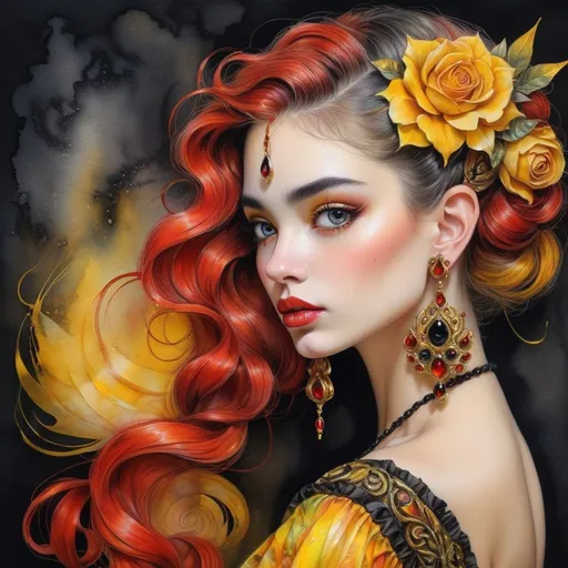 Prompt: <mymodel> beautiful woman, hair pinned up, yellow red black dress, earrings, Watercolor, trending on artstation, sharp focus, studio photo, intricate details, highly detailed, by  Josephine Wall and Jasmine Becket-Griffith