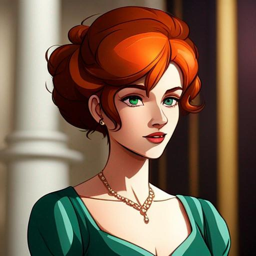 Prompt: Elegantly dressed lady,  emerald evening gown, ginger hair in an uodo, pretty makeup, facial closeup, in a cartoon style