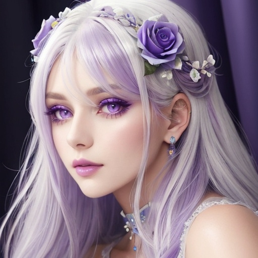 Prompt: A beautiful woman, white hair with pastel purple highlights, violet eyes, blue eyeshadow, pastel blue roses in her hair, blue jewels on forehead