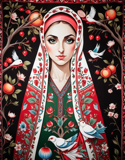 Prompt: A colorful design in the dimensions of 140centimeteres by 140 centimeters. It's main theme is red and white. There are pomegranates and cherry blossoms. with some green leaves and branches. It has some birds. Traditional Iranian style