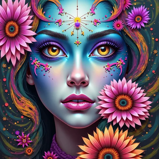 Prompt: a woman with blue makeup and flowers in her hair and eyes, with a blue background and flowers in her hair, Android Jones, psychedelic art, highly detailed digital painting, a detailed painting