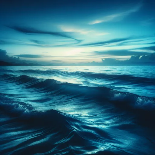 Prompt: (mood: tranquil), (deep blue hues), (captivating ocean waves), calm atmosphere, serene ambience, soft lighting, high-quality image, visually striking, intricate details, gentle ripples, vast sky blending with the sea, aesthetic composition, inviting environment, sophisticated visuals, harmony of shades, peaceful imagery