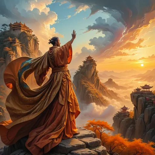 Prompt: Beneath a dramatic sky filled with swirling clouds painted in hues of orange and gold, a regal figure stands atop a rocky outcropping, clad in a flowing robe adorned with rich patterns and vibrant colors. With one hand raised in a commanding gesture, he gazes out over a sprawling landscape where a significant gathering of people assembles in front of grand palatial structures, their faces illuminated by flickering torches and fires that dot the scene. The warm light casts a heroic glow on the figure, highlighting his flowing hair and ornate accessories, evoking a sense of authority and resilience. The entire scene, filled with palpable energy and anticipation, conveys a narrative of leadership and vision amid a moment of profound significance. The composition draws the viewer's eye toward the elevated stance of the figure against the expansive backdrop, creating an inspiring tableau that captures the essence of a pivotal moment in history.