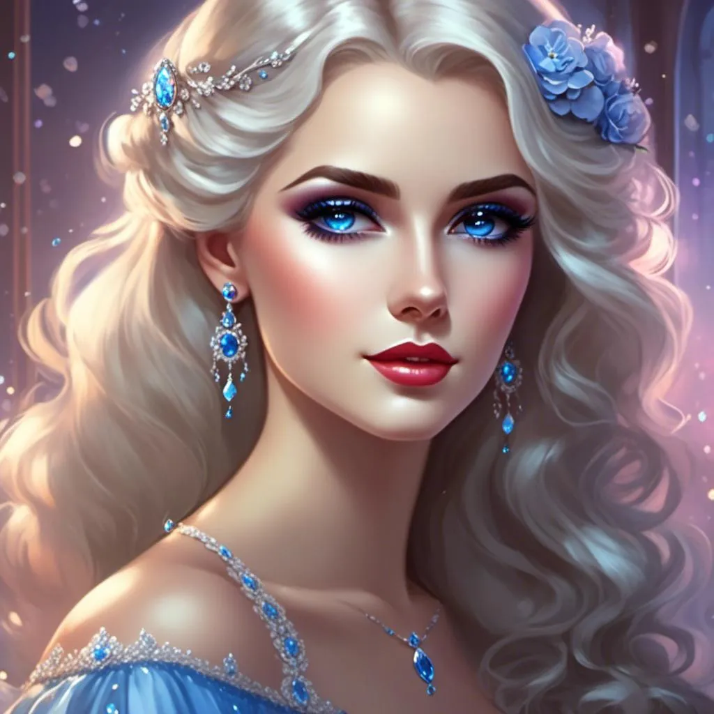 Prompt: <mymodel>A beautiful woman, snow white hair with pastel highlights, frosty blue eyes, blue eyeshadow, blue jewels on forehead