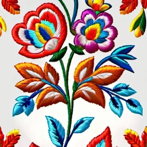 Prompt: Seamless pattern, embroidery design, colorfull threads, flowers and leaves, russian style, high resolution image