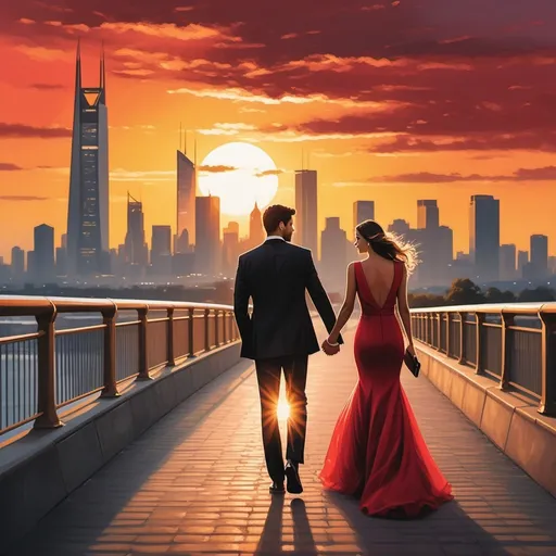 Prompt: A couple strolls hand in hand along a bridge against the backdrop of a stunning sunset illuminating a city skyline. The man, dressed in a sleek black suit, stands beside a woman exuding elegance in a flowing red gown that hugs her figure and showcases an open back. Their silhouettes are highlighted by the warm glow of the sun setting on the horizon, casting a romantic ambiance on the scene. The city towers rise majestically in the distance, their sharp outlines softened by the golden sky, creating a perfect blend of urban sophistication and intimate connection. The overall mood conveys a sense of love, adventure, and the promise of a beautiful evening ahead.