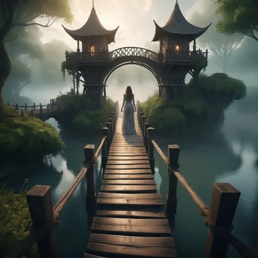Prompt:  A maiden is standing on a detailed wooden bridge reaching across, enchanting atmosphere filled with mystery, ethereal fog drifting through the air, cinematic lighting casting long shadows, intricate architectural details on the settlement, lush greenery surrounding the area, ultra-detailed, high definition, captivating fantasy world setting