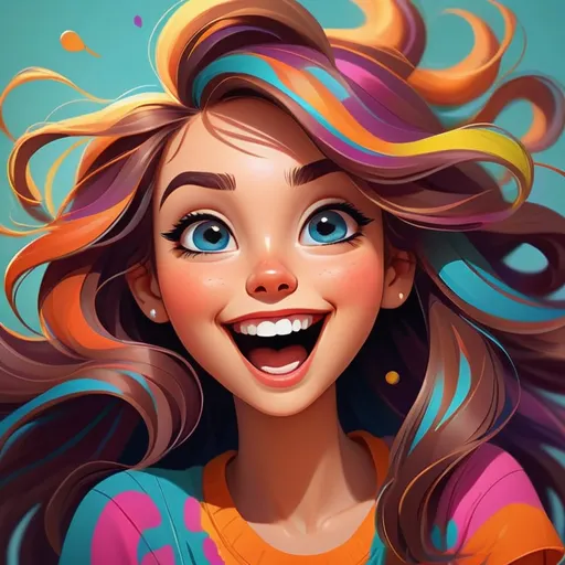 Prompt: Cartoon illustration of a cheerful girl, vibrant and lively colors, playful and whimsical style, flowing hair with dynamic movement, bright and expressive eyes, cute and endearing facial features, joyful and carefree expression, best quality, highres, colorful, cartoon, cheerful, vibrant colors, lively style, dynamic hair, expressive eyes, cute, joyful expression, playful