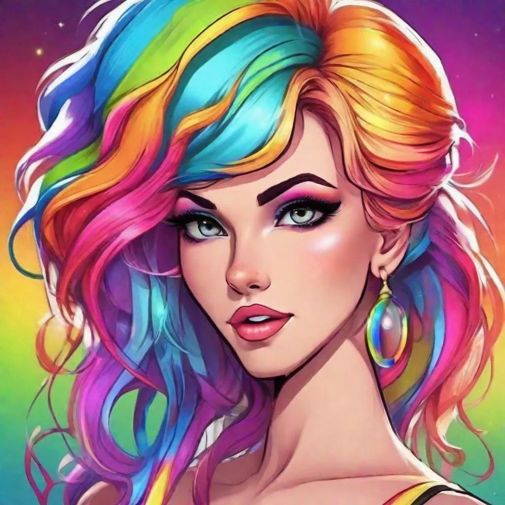 Prompt: pretty woman, rainbow hair, beautiful makeup,facial closeup, cartoon style