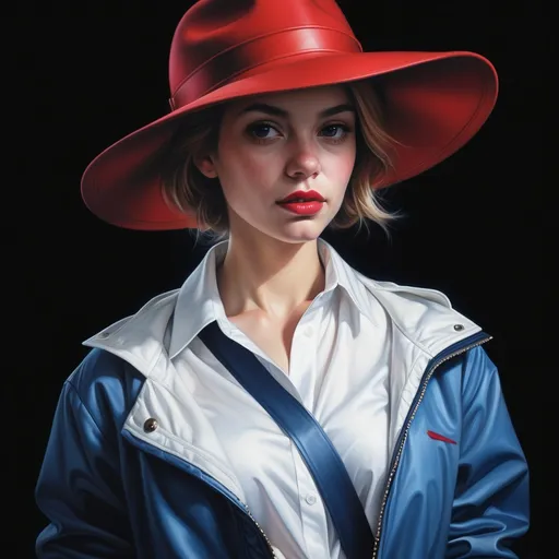 Prompt: a painting of a woman with a red hat on her head and a blue jacket on her shoulders and a white shirt on, Artgerm, figurative art, photorealistic portrait, a photorealistic painting